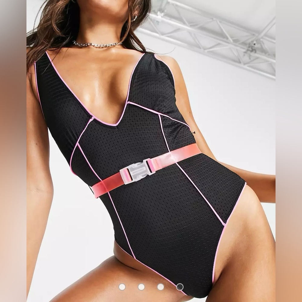 ASOS DESIGN ultra glam plunge swimsuit with belt and contrast binding
